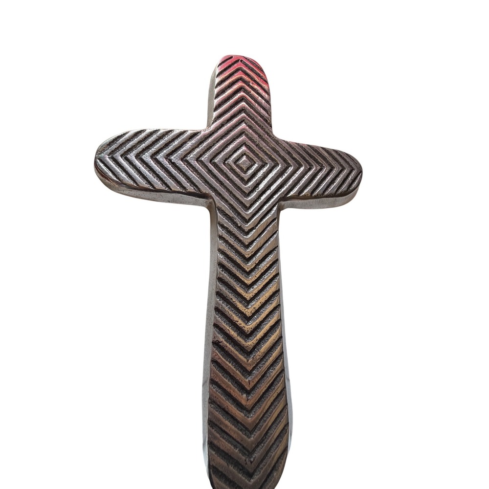 Cast Metal Wall Cross Geometric Chevron Diamond Pattern Silver Tone 10.5" Decor